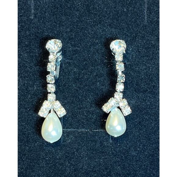Vintage Rhinestone Bow Drop Earrings Screw Back Faux Pearl Dangle Mid Century - Picture 1 of 4